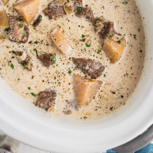 close-up overhead shot of slow cooker steak and potato soup.