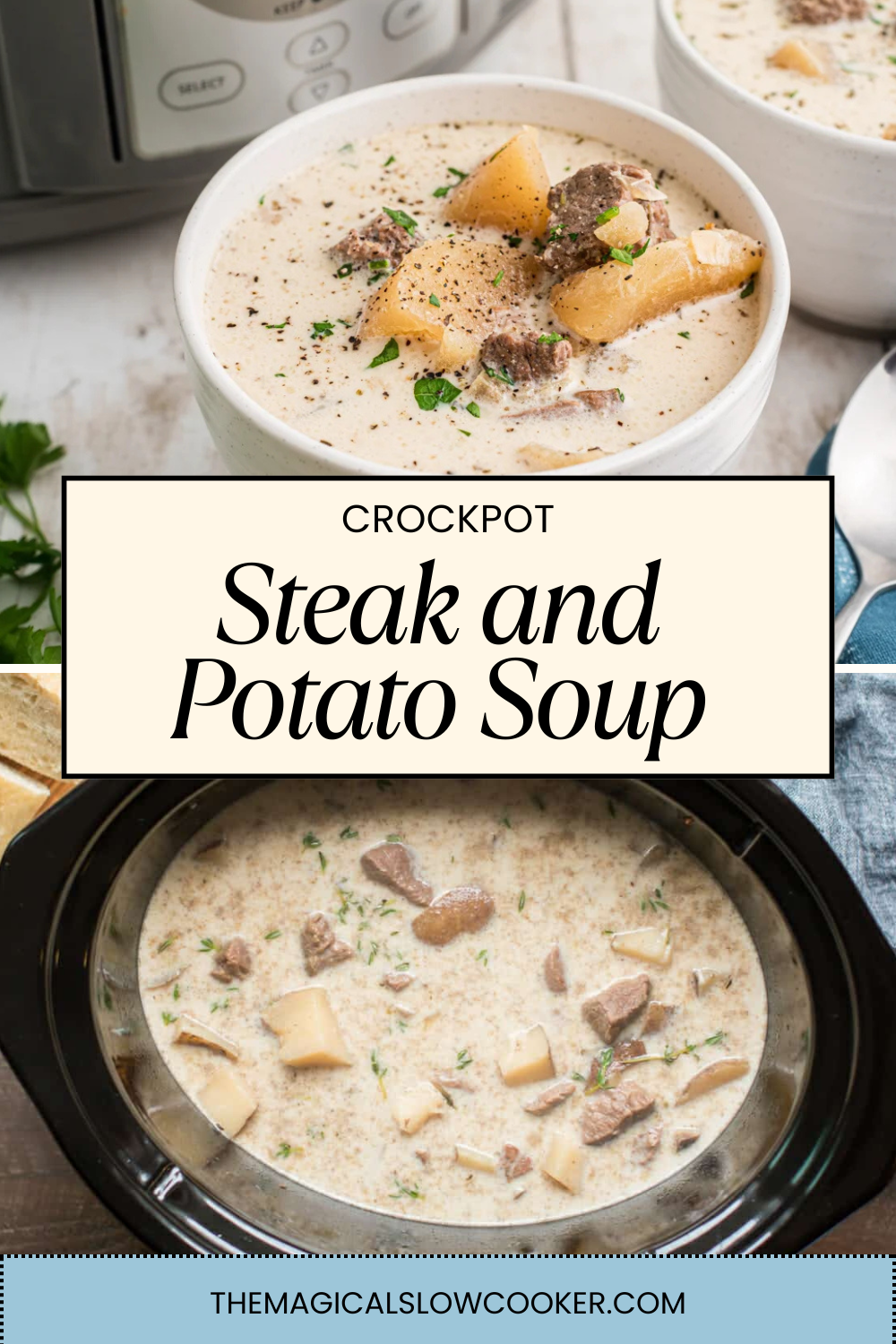 2 images of steak and potato soup.