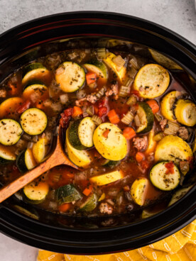 overhead shot of slow cooker zucchini soup.