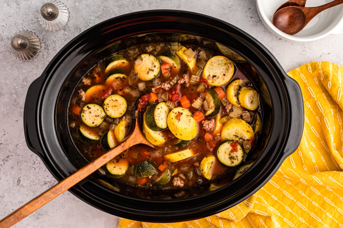 overhead shot of slow cooker zucchini soup.