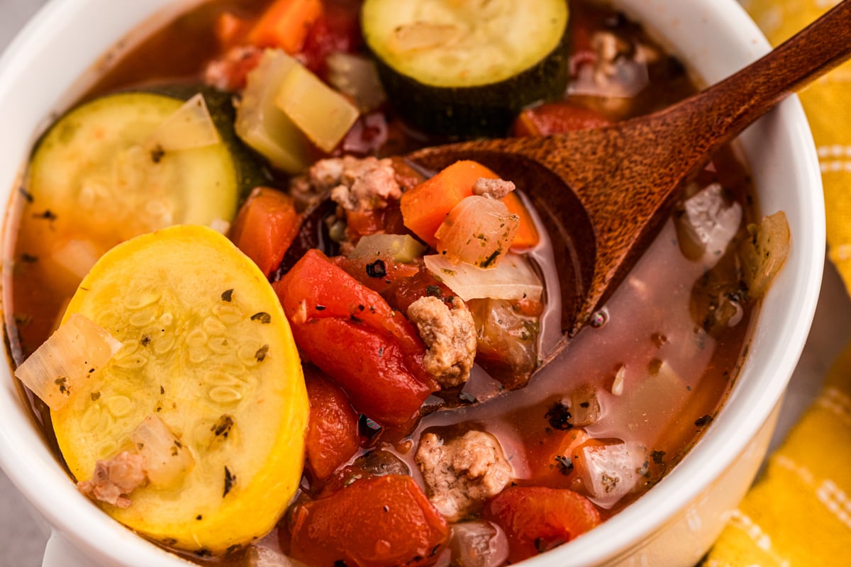 close-up of bowl of slow cooker zucchini soup.