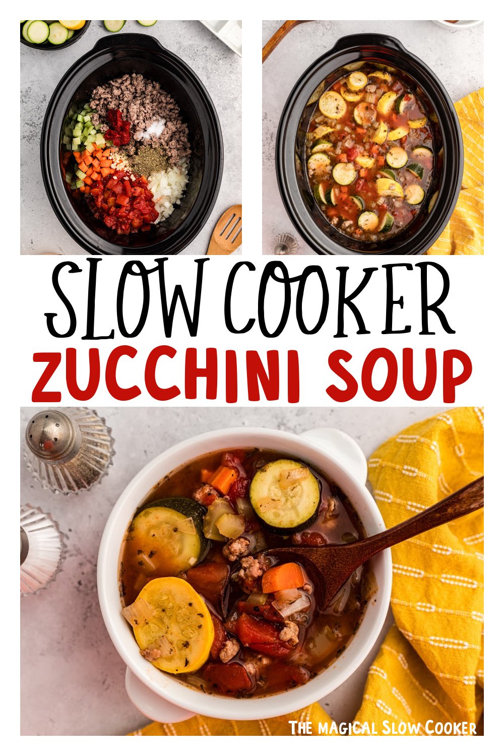 three images of slow cooker zucchini soup for pinterest.