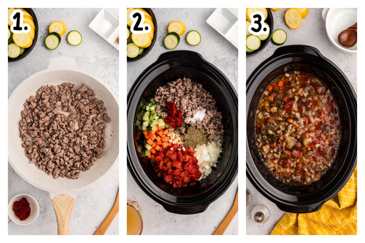 three images showing how to make slow cooker zucchini soup.