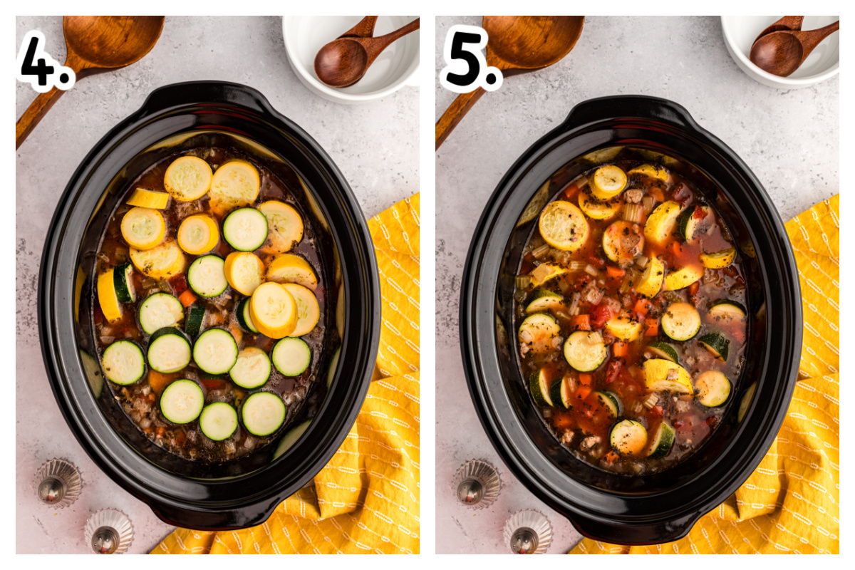 two images showing how to make slow cooker zucchini soup.
