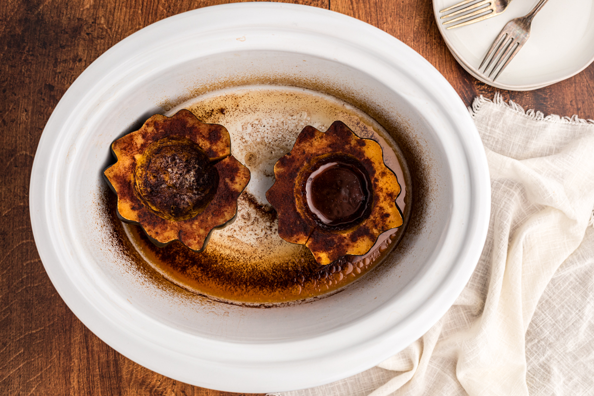 overhead shot of slow cooker acorn squash in a crockpot.