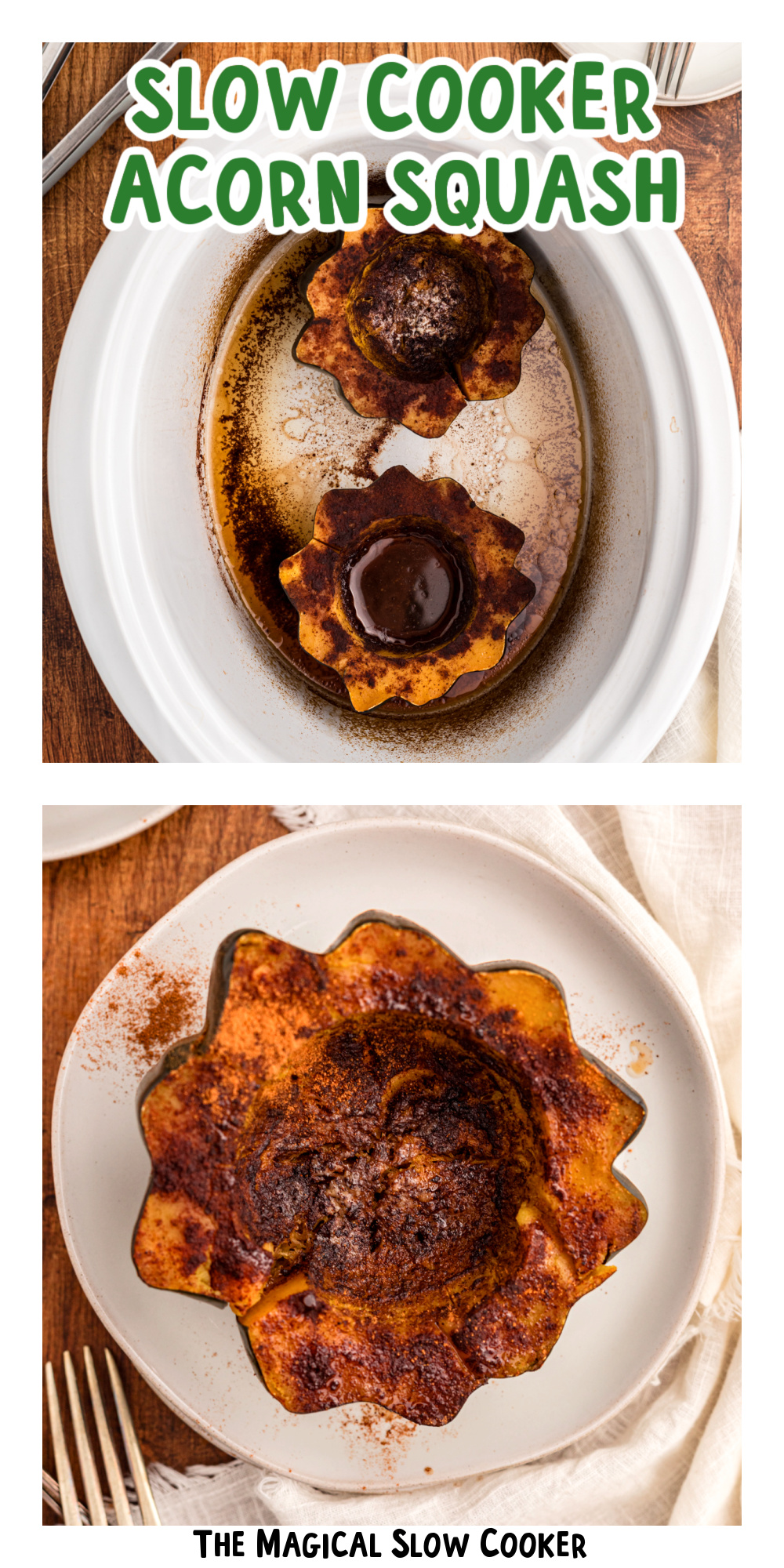 two images of slow cooker acorn squash with text title overlay.