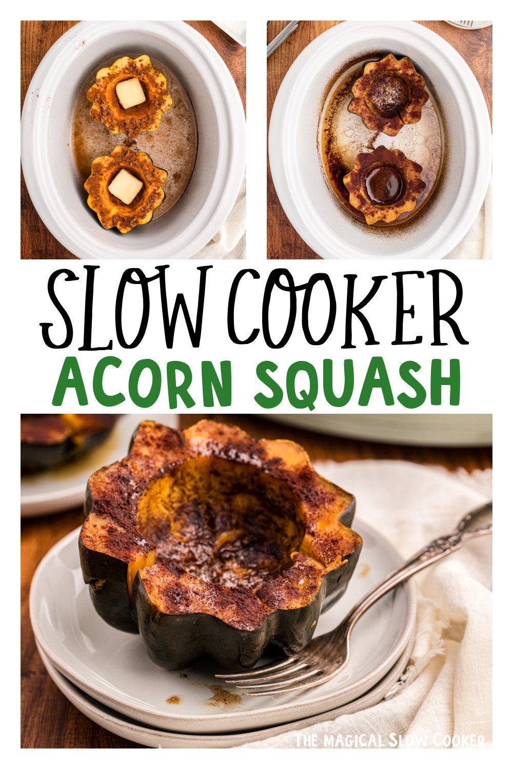 three images of slow cooker acorn squash for pinterest.