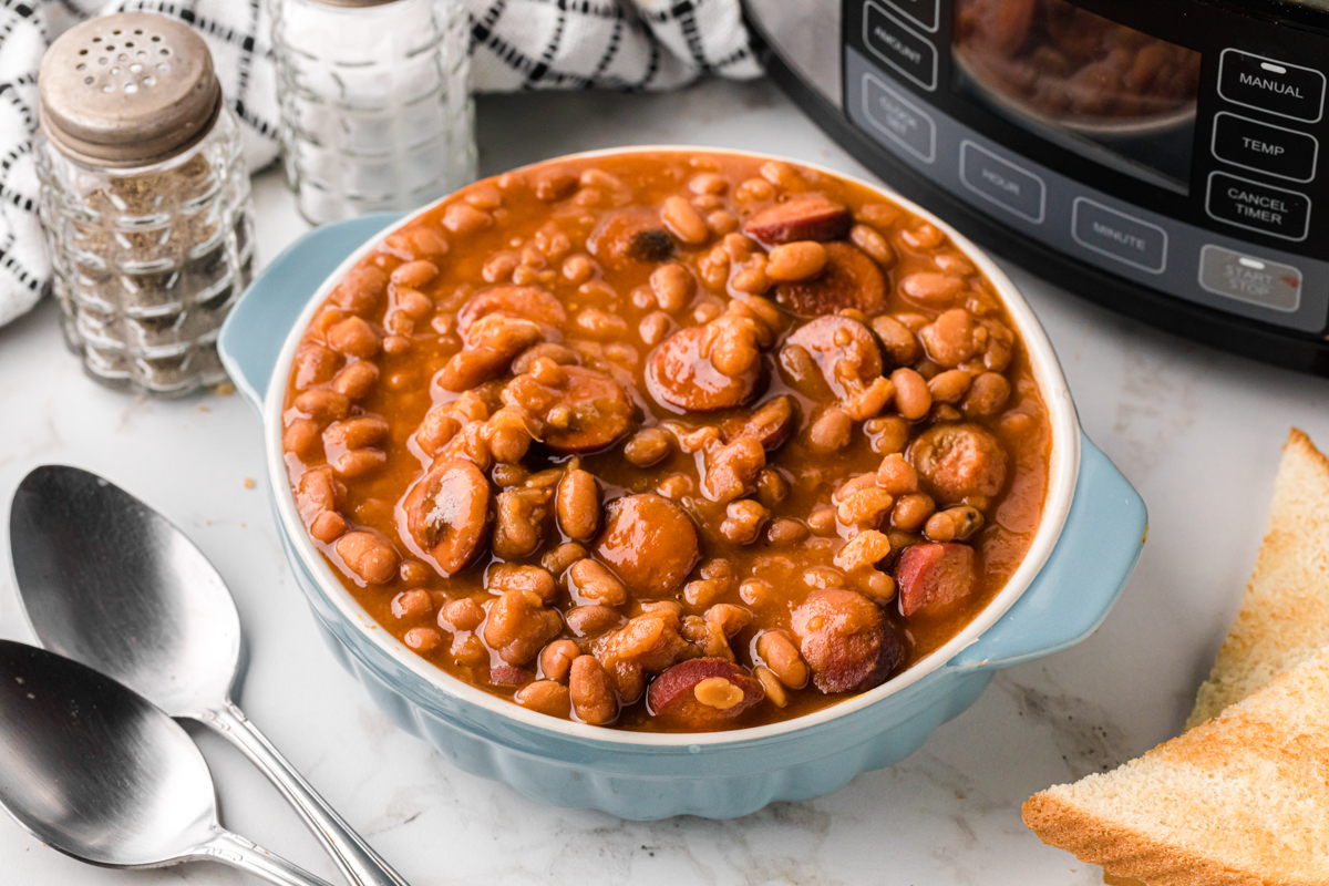 serving of slow cooker beanies and weenies in a bowl.