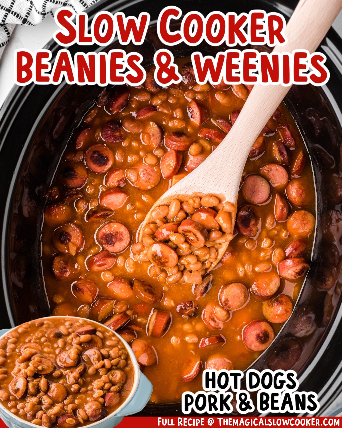 two images of slow cooker beanies and weenies with text list of ingredients.