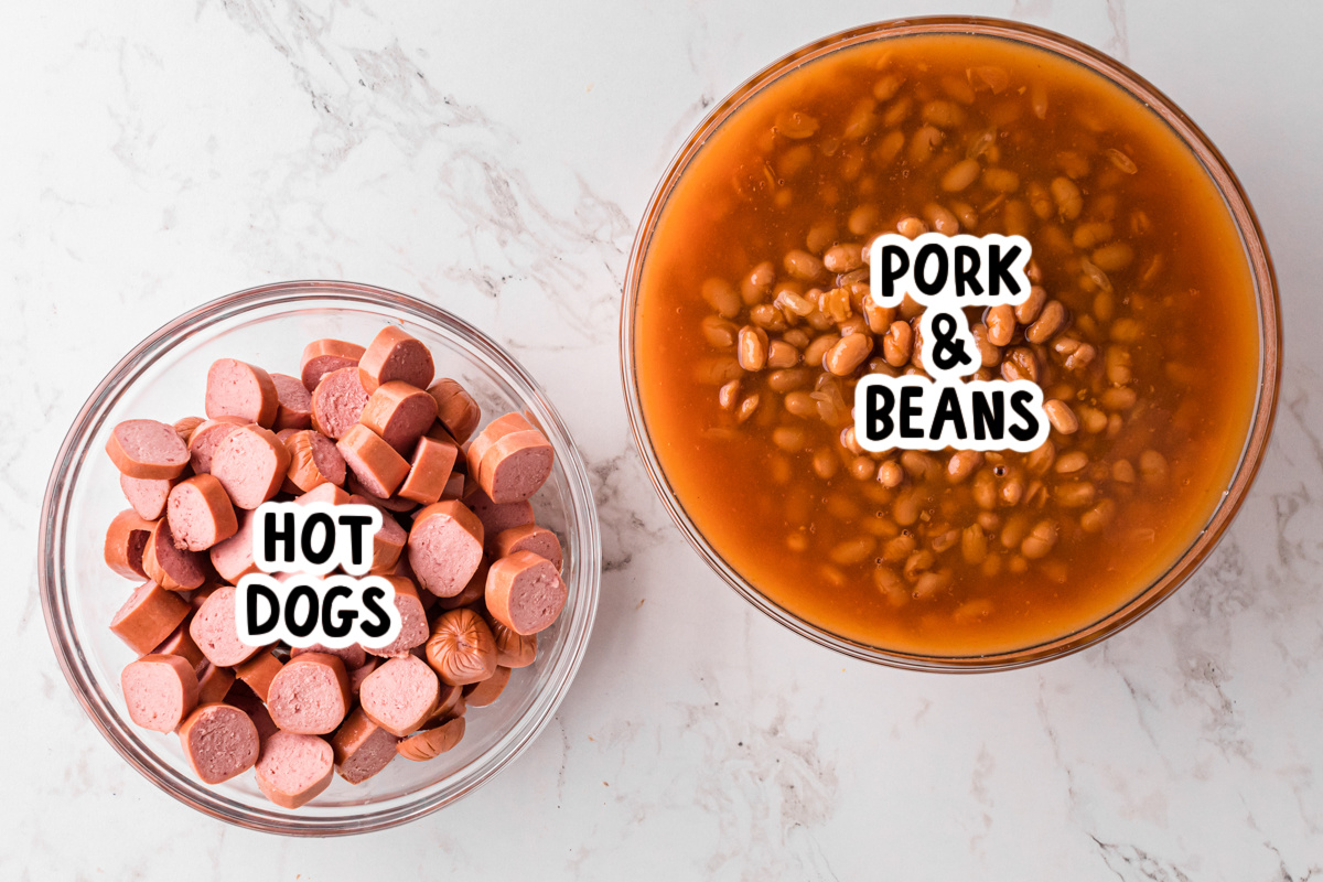 ingredients for slow cooker beanies and weenies on a table.