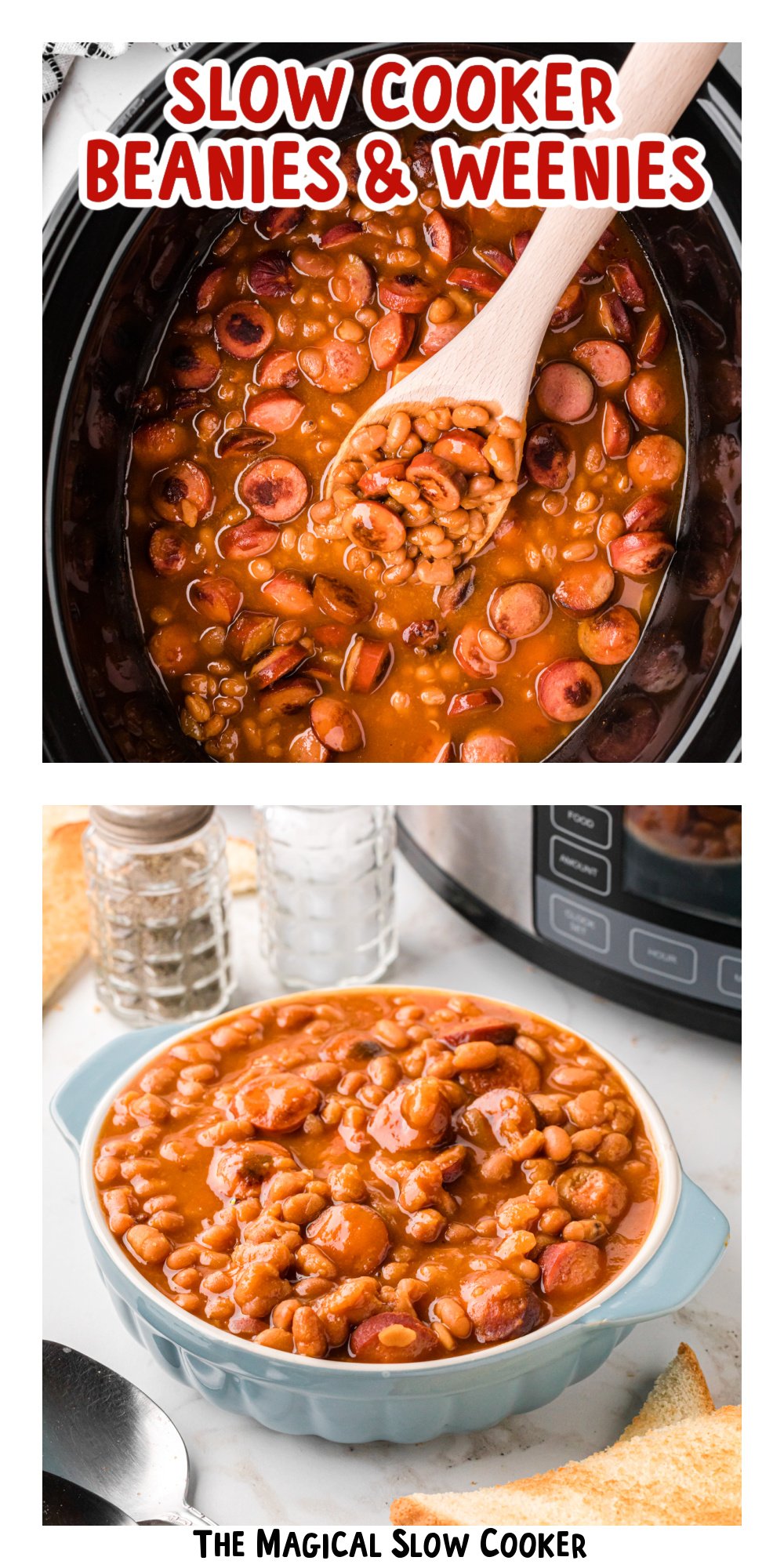 two images of slow cooker beanies and weenies with text title overlay.