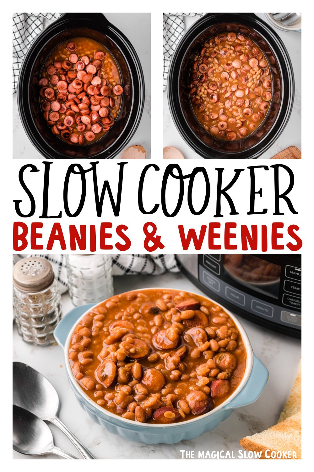 three images of slow cooker beanies and weenies for pinterest.