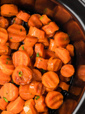 overhead shot of slow cooker candied carrots.