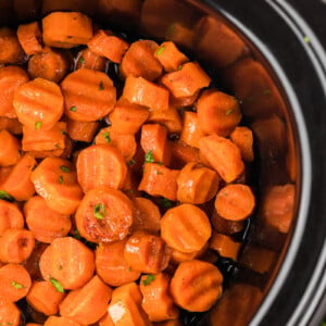 overhead shot of slow cooker candied carrots.