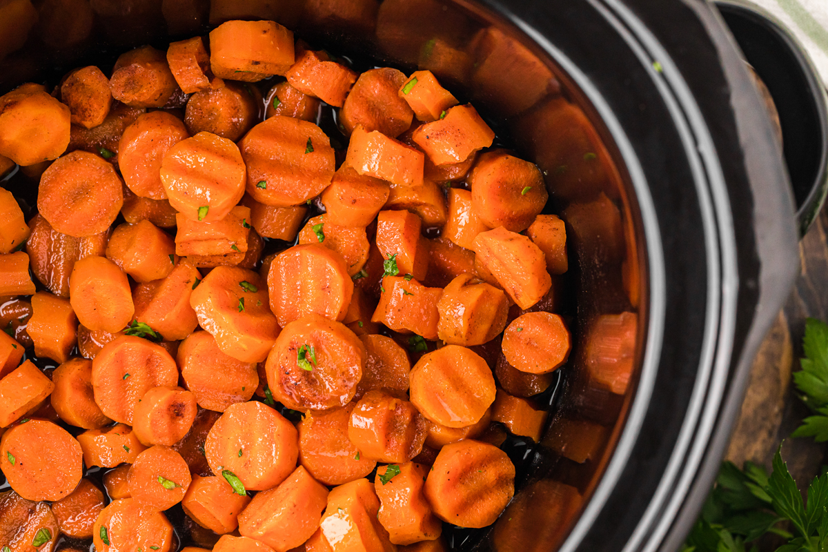 overhead shot of slow cooker candied carrots.