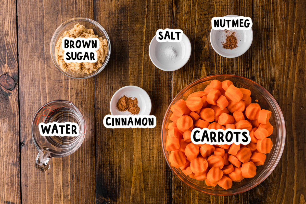 ingredients for slow cooker candied carrots on a table.