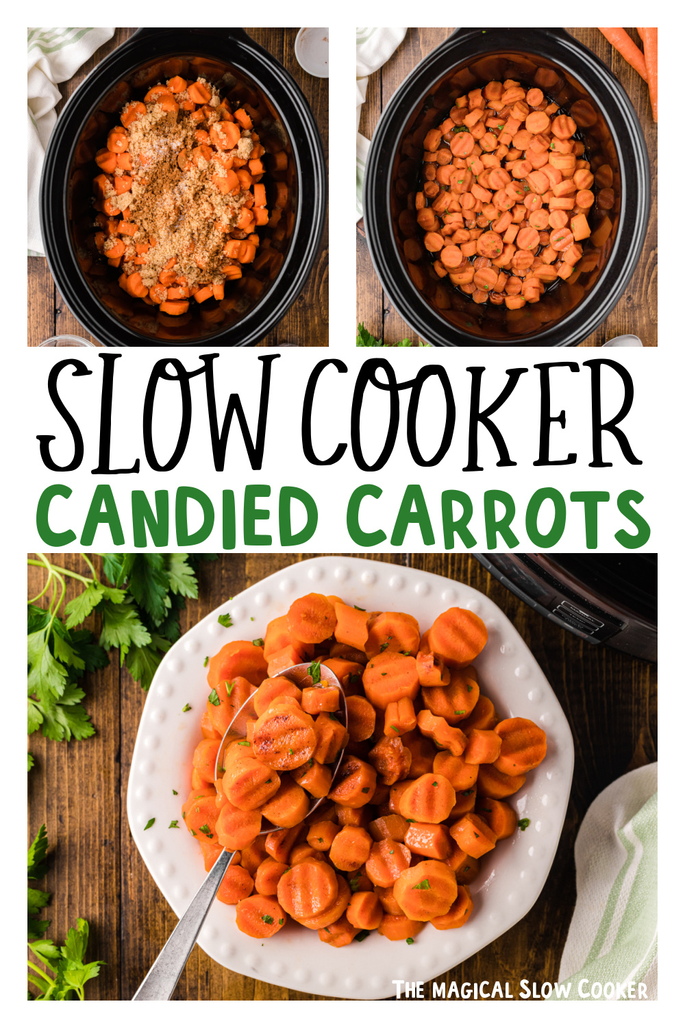 three images of slow cooker candied carrots for pinterest.