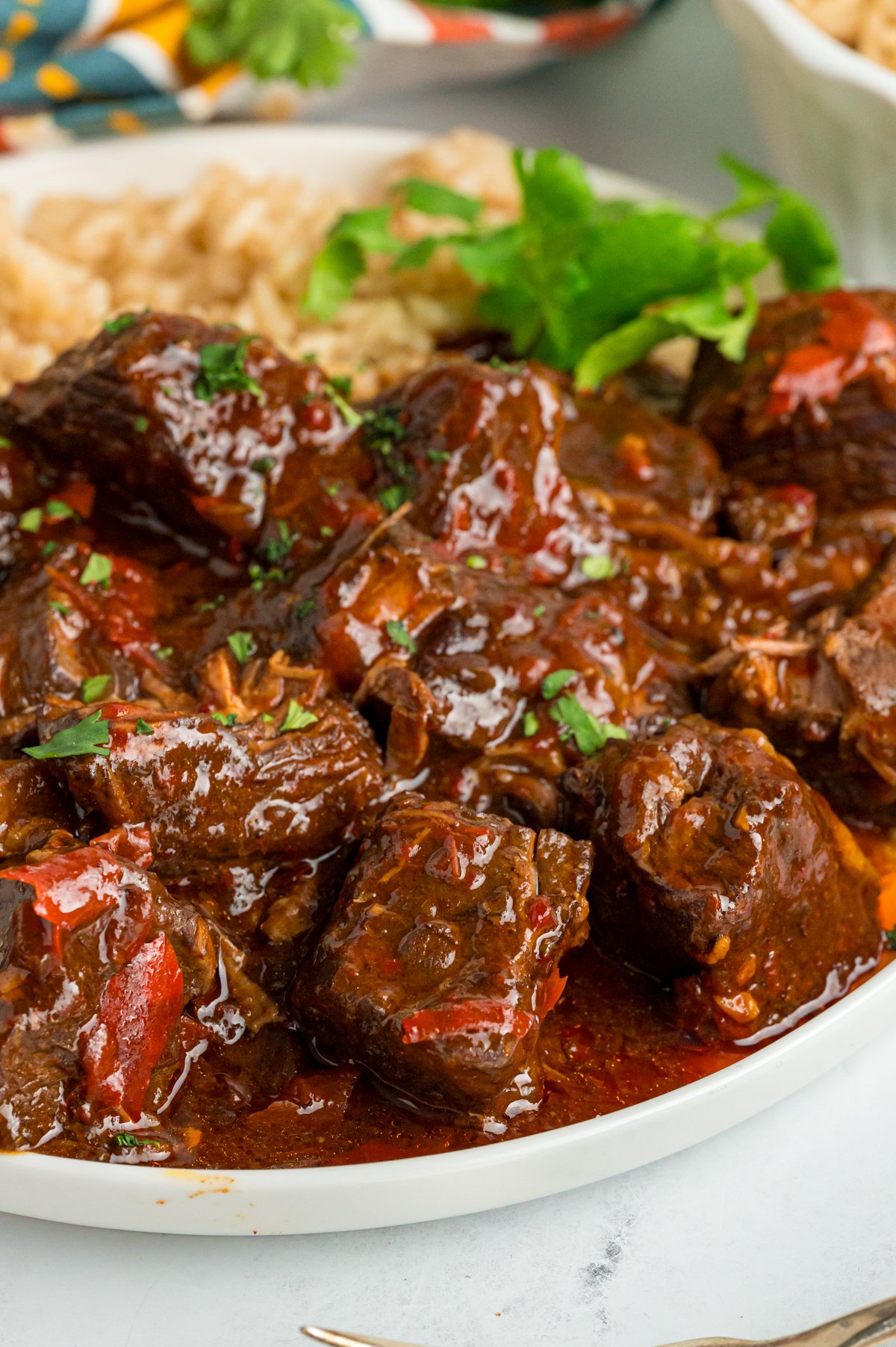close-up of slow cooker chile colorado in a dish with rice.