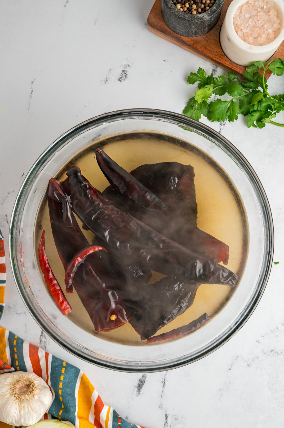 chilies soaking in hot water.