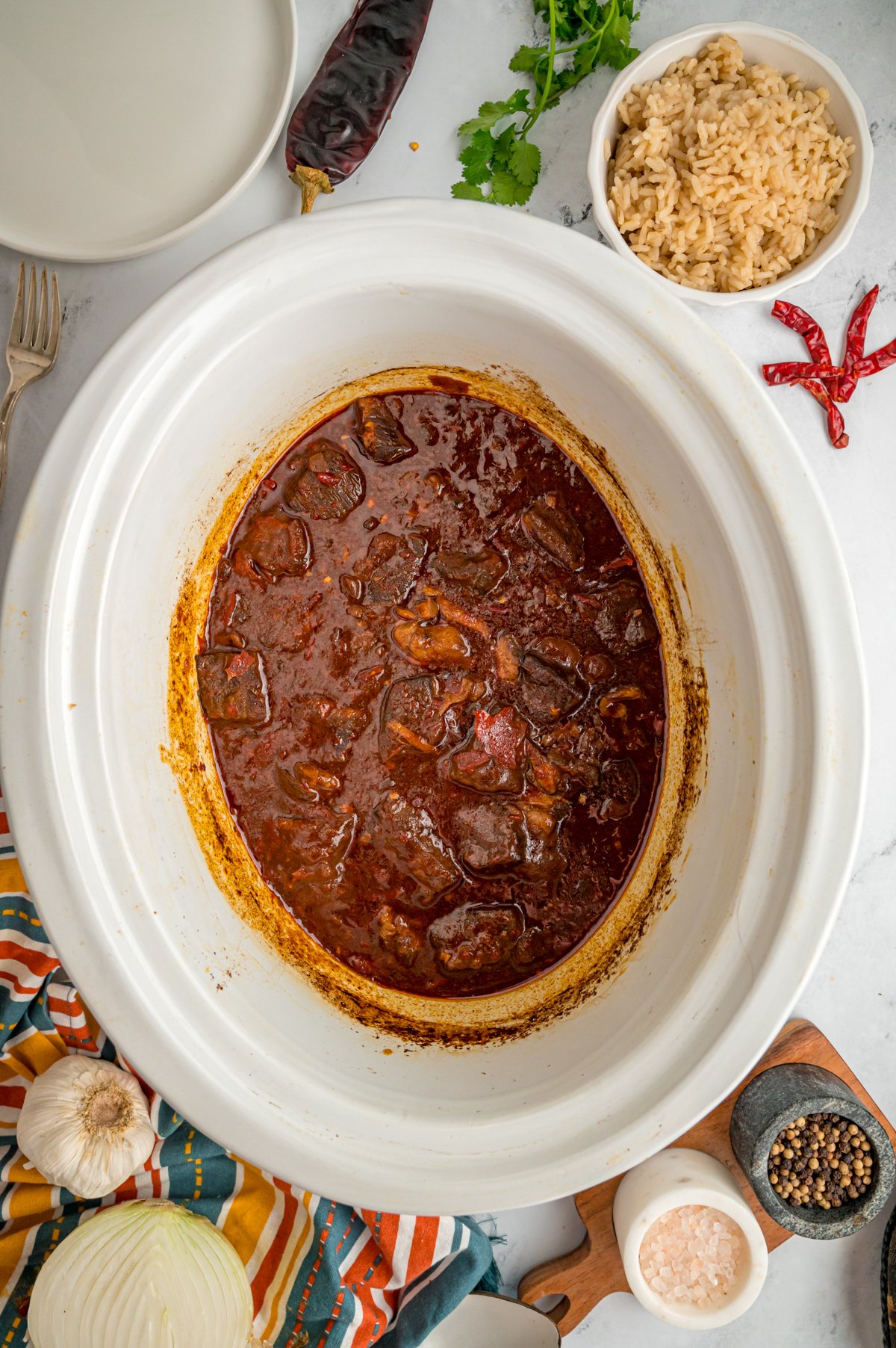 slow cooker chile colorado after cooking.