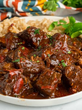 close-up of a serving of slow cooker chile colorado on a plate.