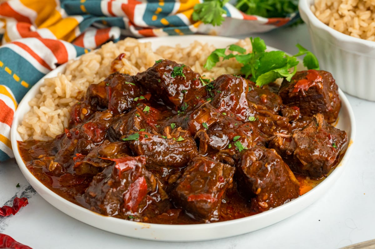 close-up of a serving of slow cooker chile colorado on a plate.