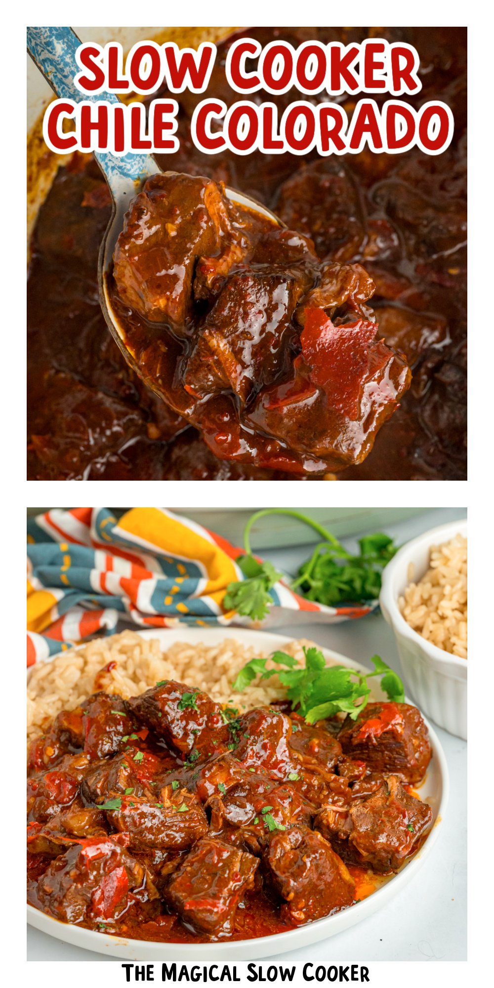 two images of slow cooker chile colorado with text title overlay.