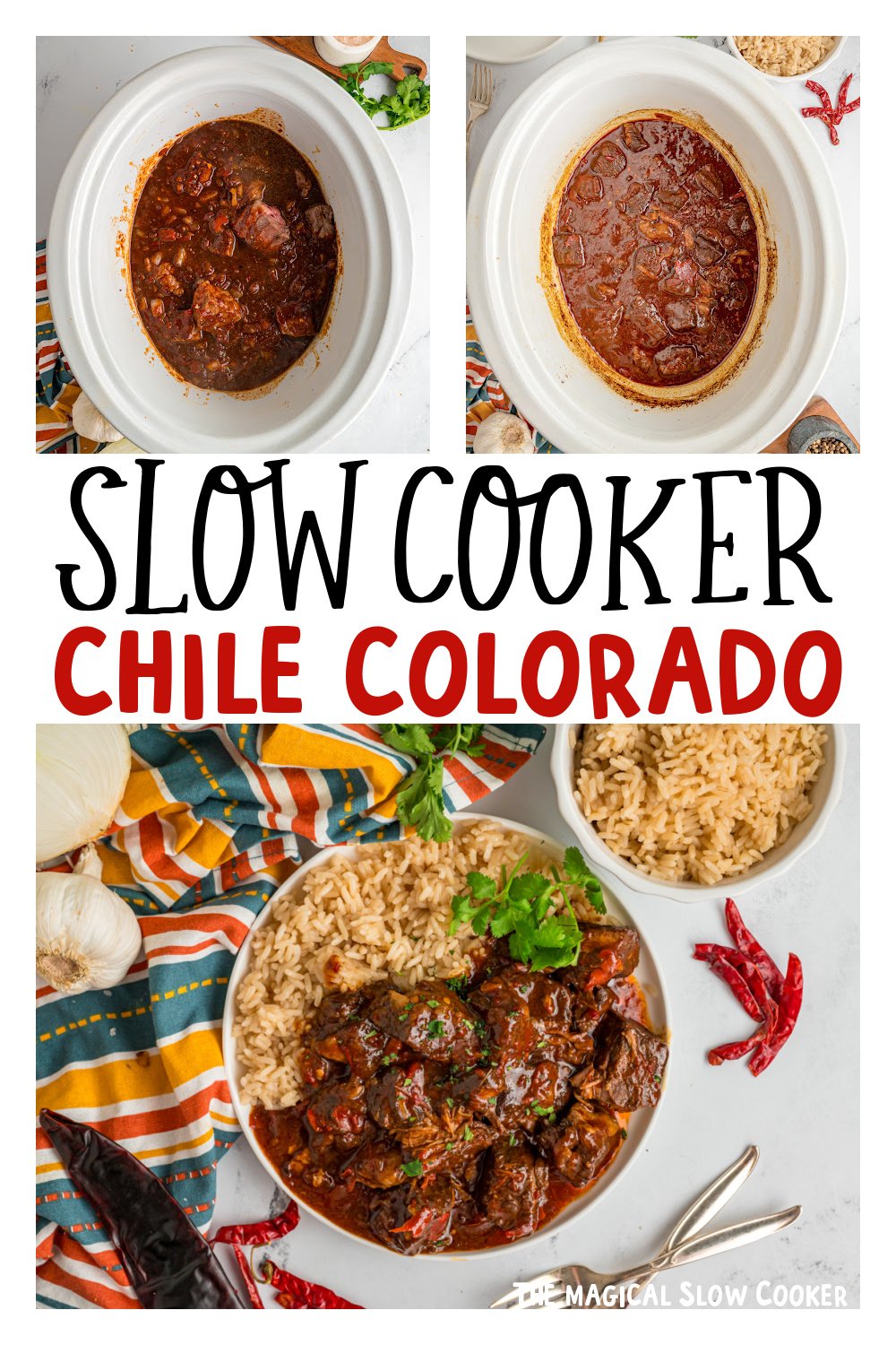 three images of slow cooker chile colorado for pinterest.