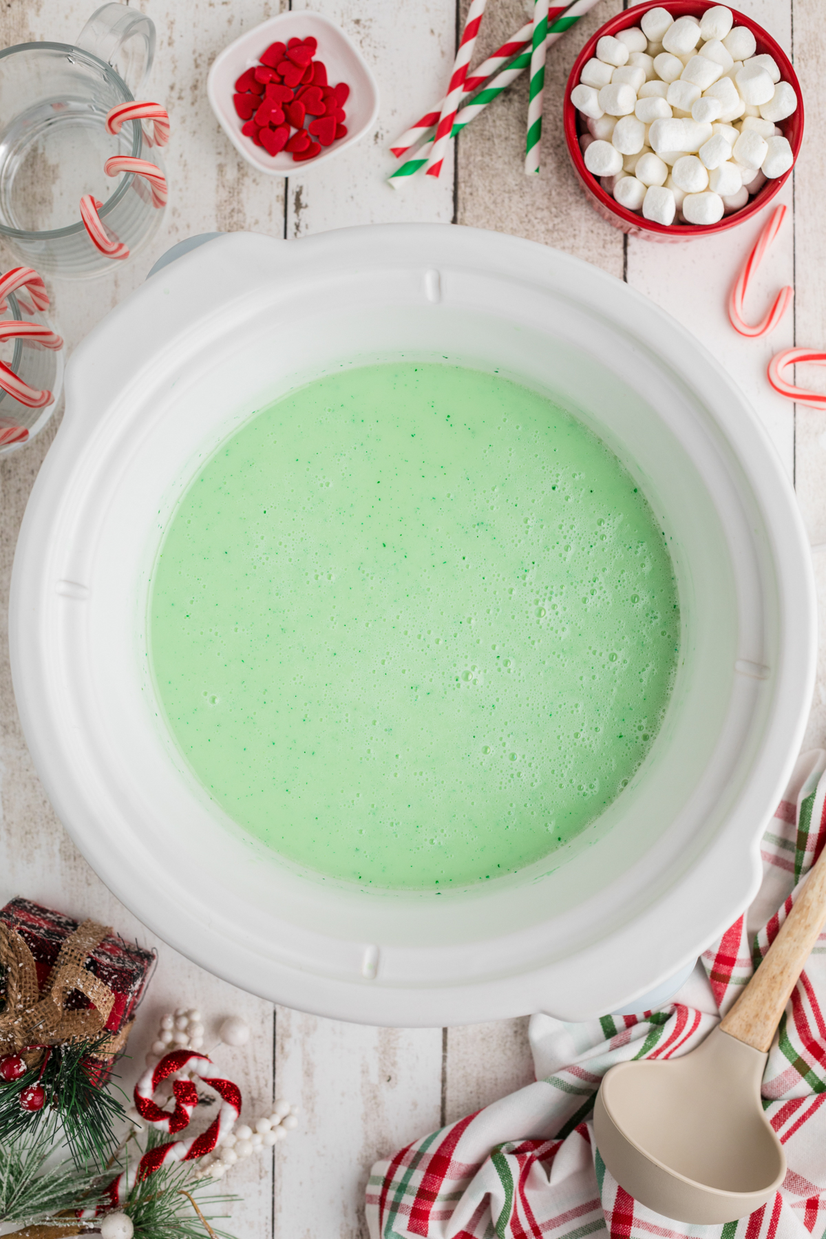 Slow cooker grinch hot chocolate after cooking.
