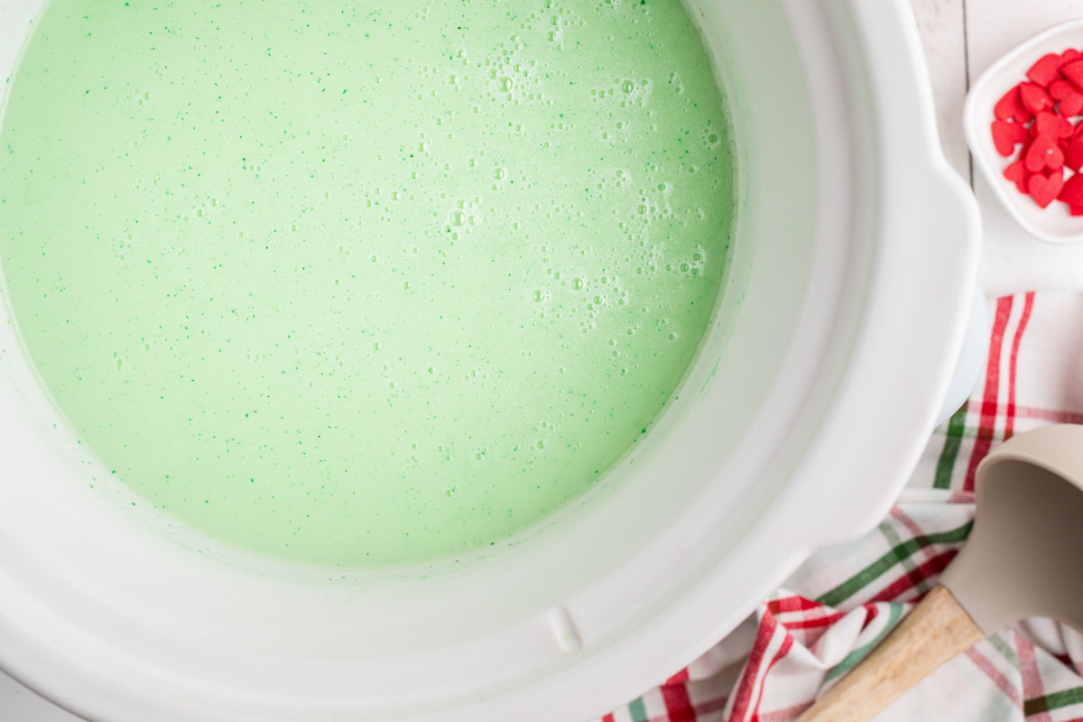 Slow cooker grinch hot chocolate in a crockpot.