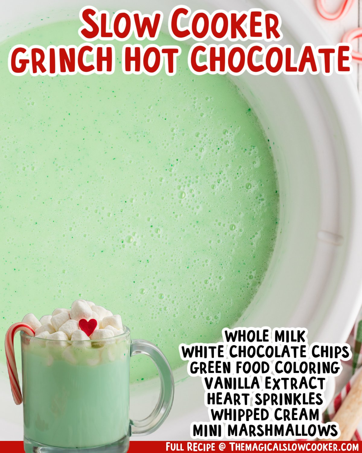 Two images of slow cooker grinch hot chocolate with text list of ingredients.