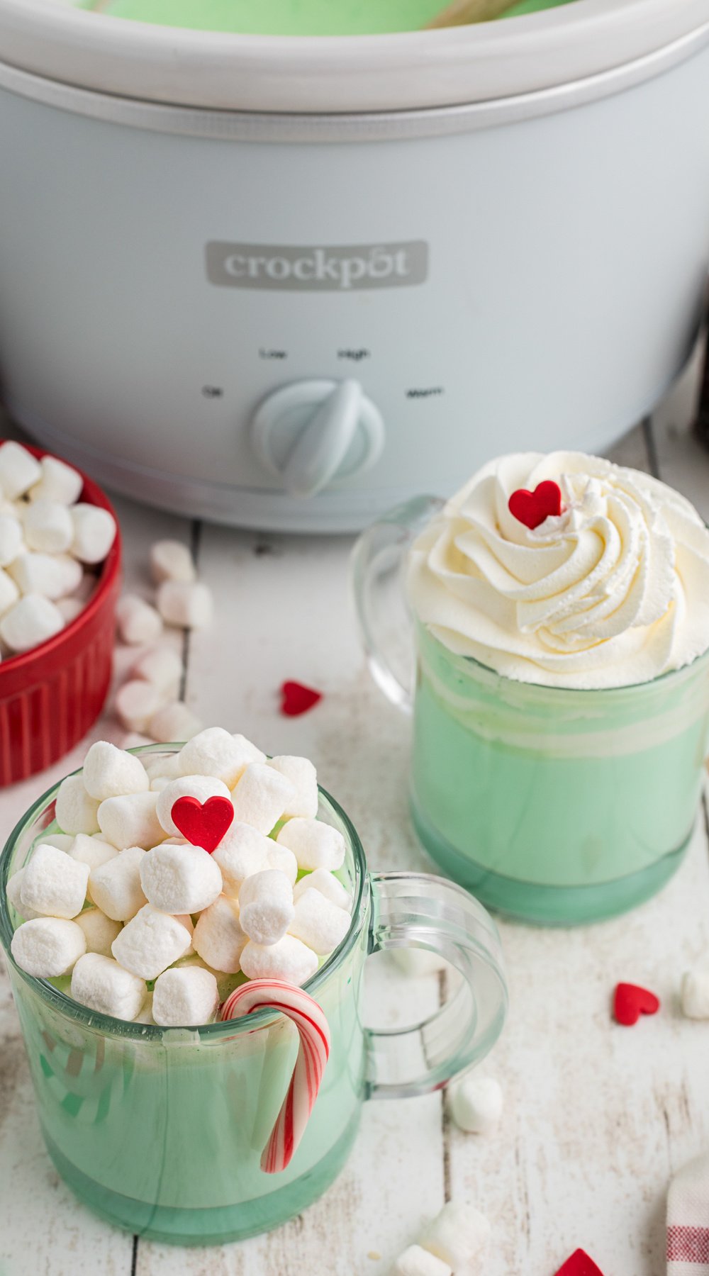 Long image of slow cooker grinch hot chocolate.