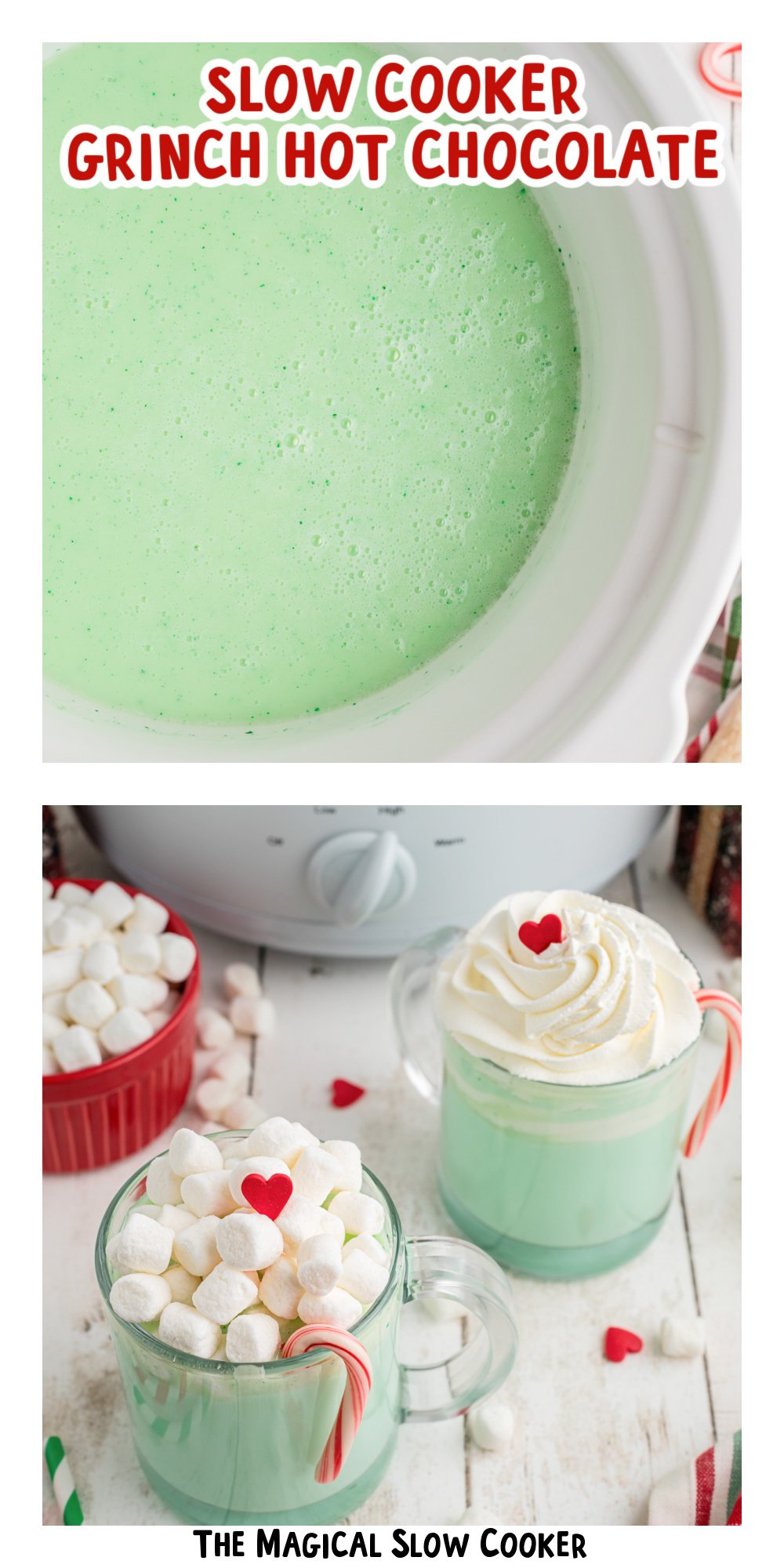Two images of slow cooker grinch hot chocolate with text title overlay.