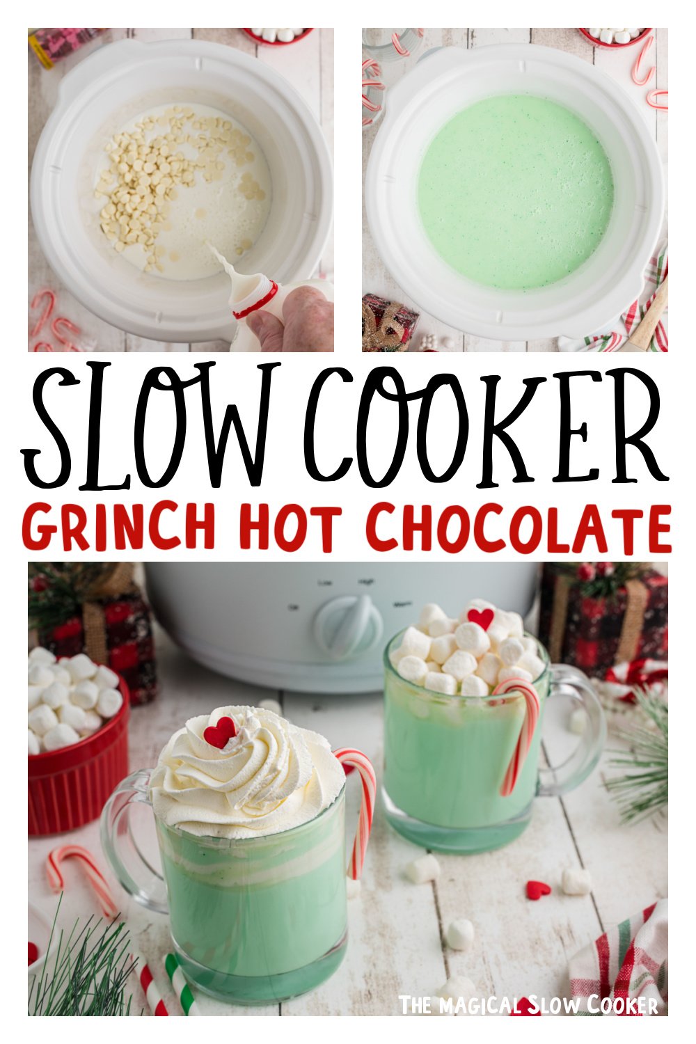Three images of slow cooker grinch hot chocolate for pinterest.
