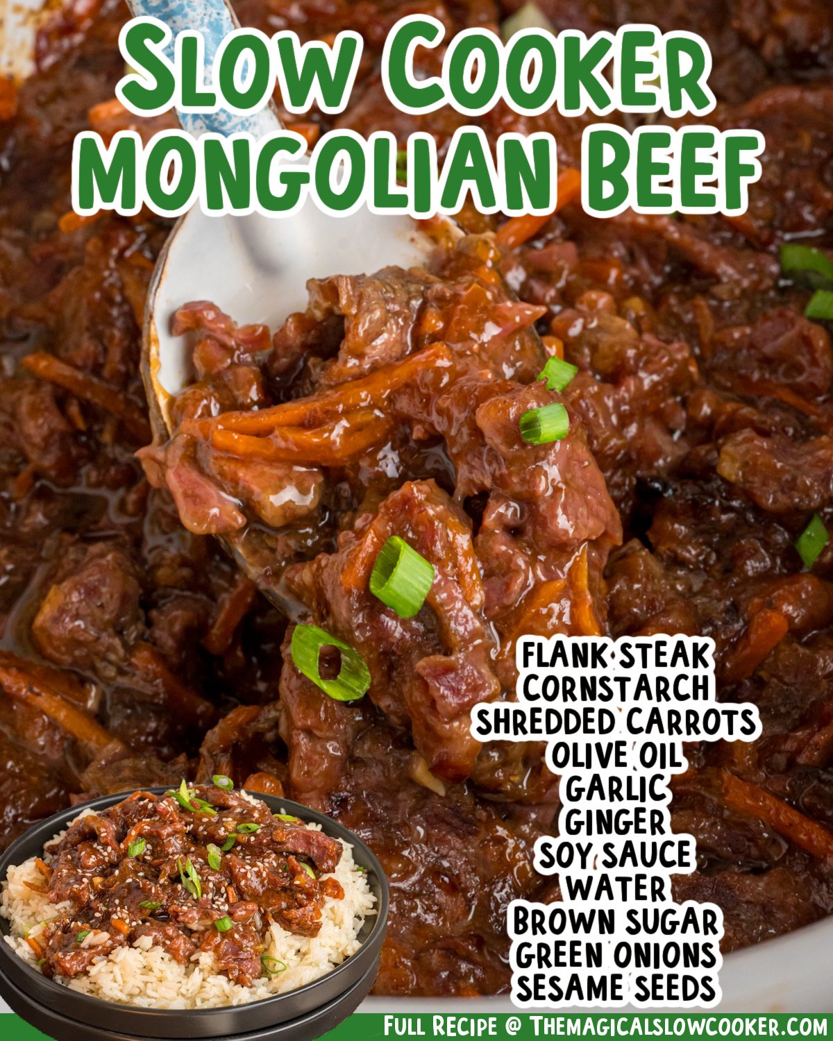 two images of slow cooker mongolian beef with text list of ingredients.