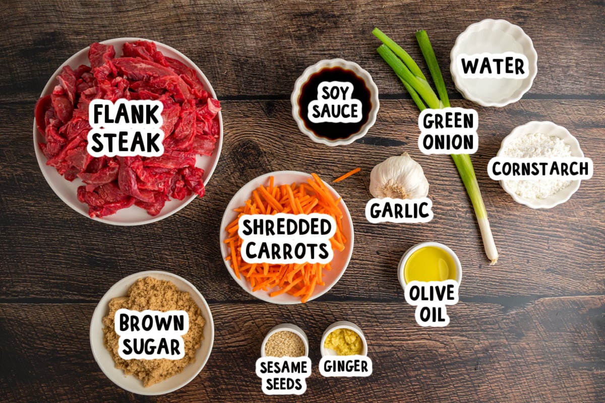 ingredients for slow cooker mongolian beef on a table.