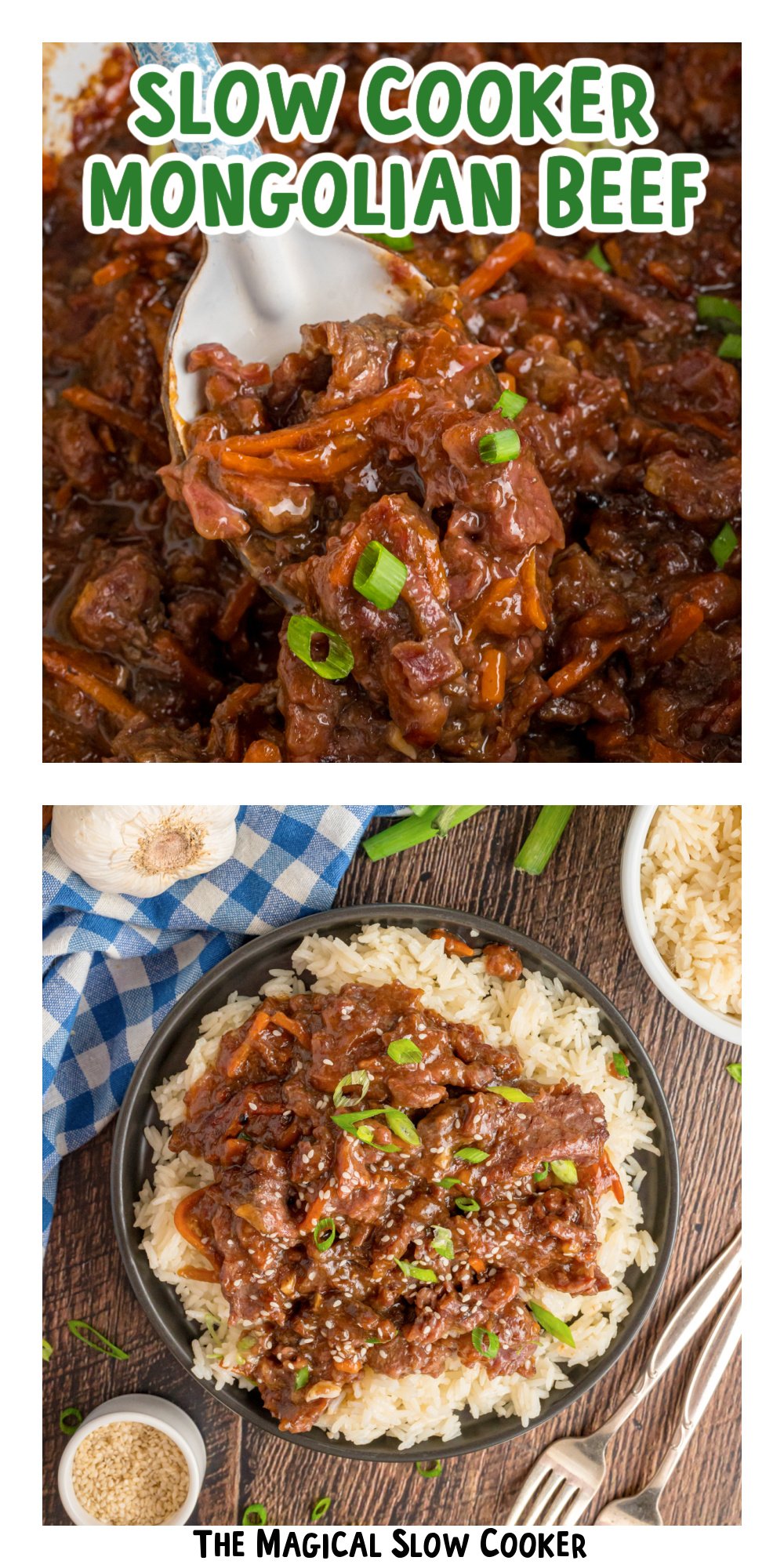 two images of slow cooker mongolian beef with text title overlay.