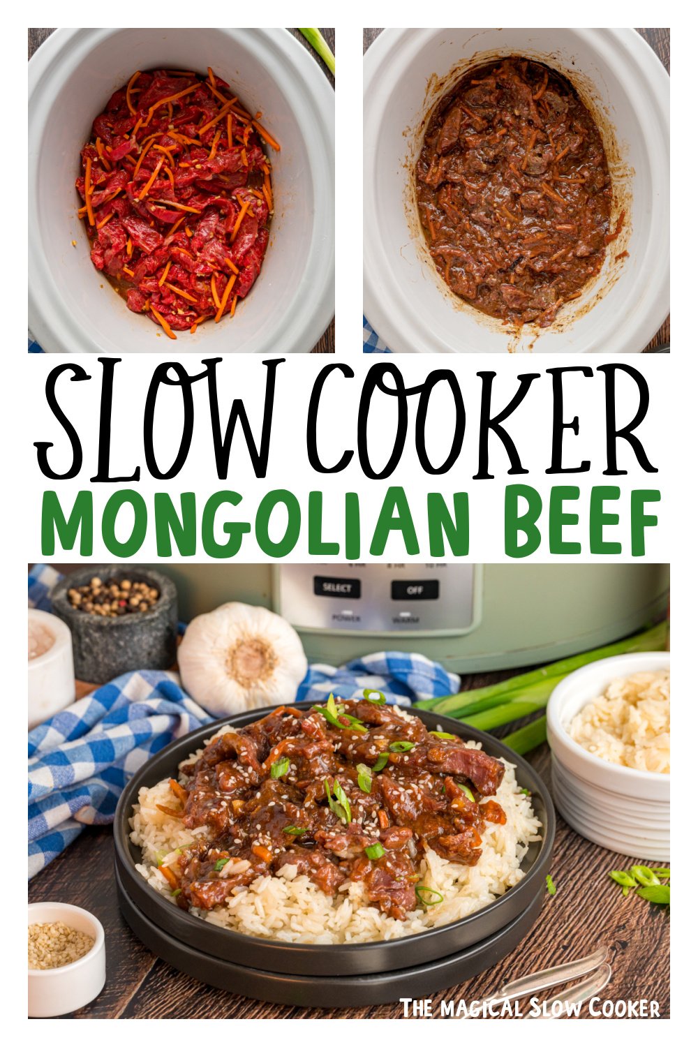three images of slow cooker mongolian beef for pinterest.