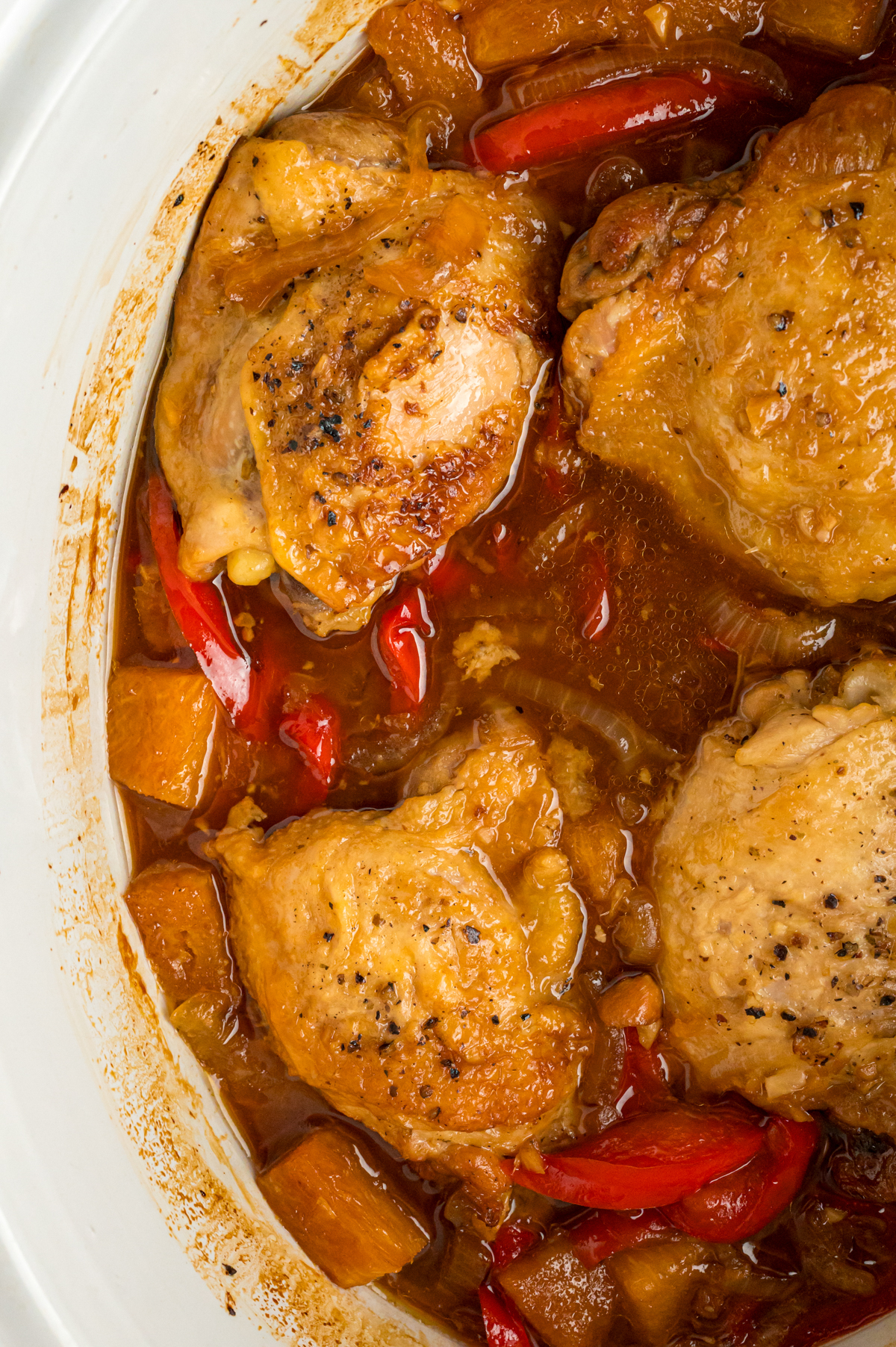 overhead shot of slow cooker pineapple chicken.