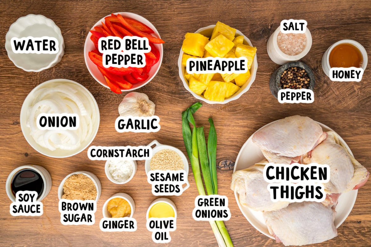 ingredients for slow cooker pineapple chicken on a table.