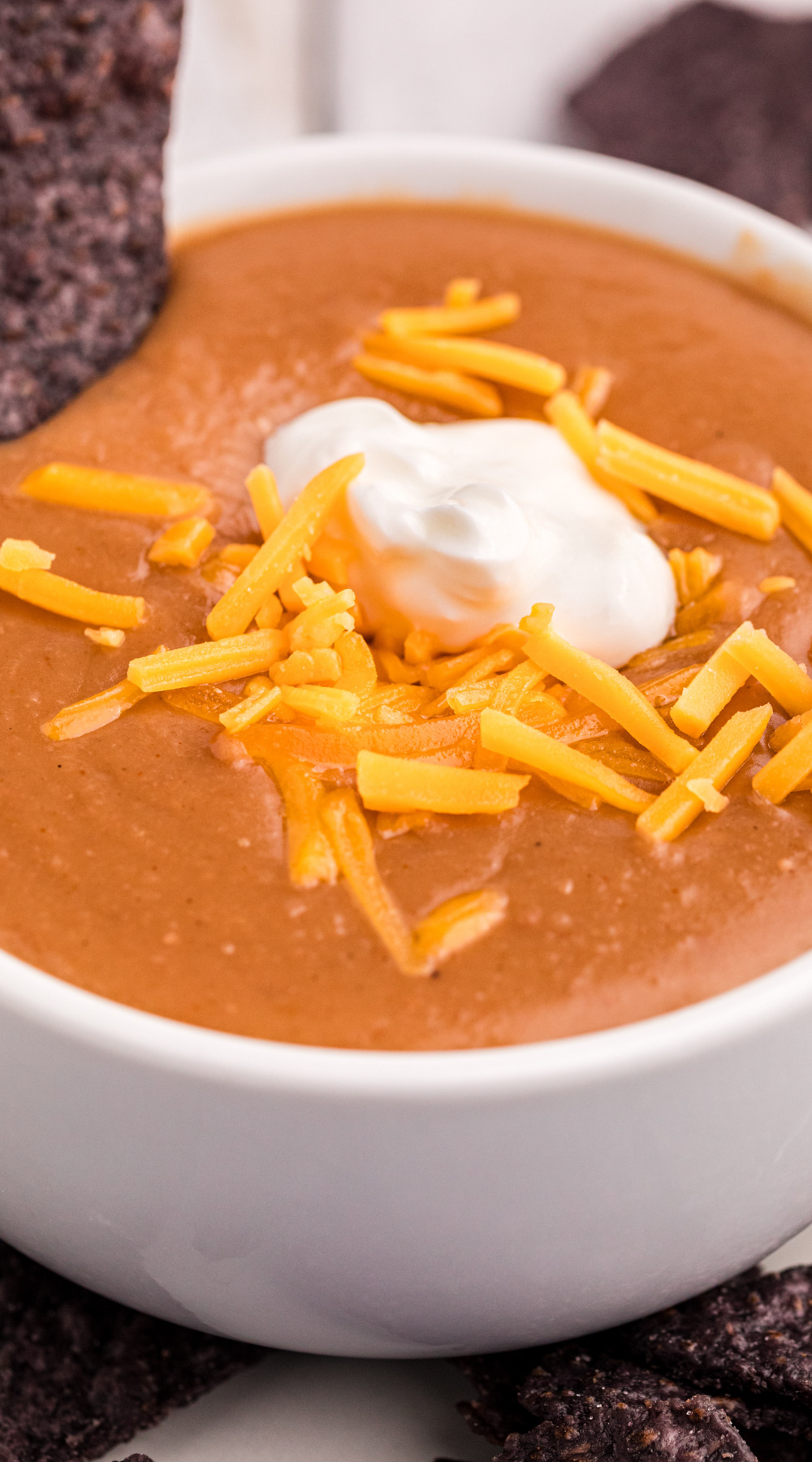 long image of slow cooker refried bean soup.