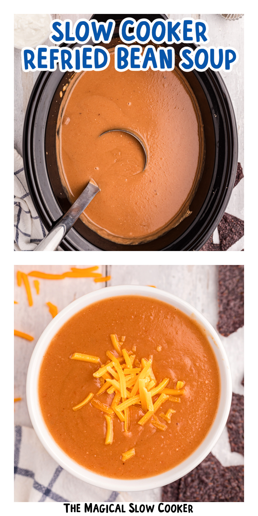 two images of slow cooker refried bean soup with text title overlay.