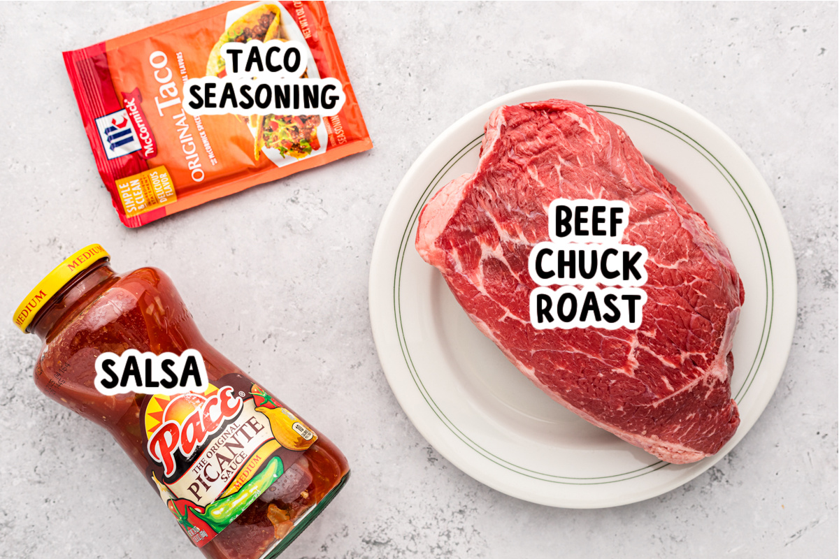 Ingredients for slow cooker salsa beef on a table.