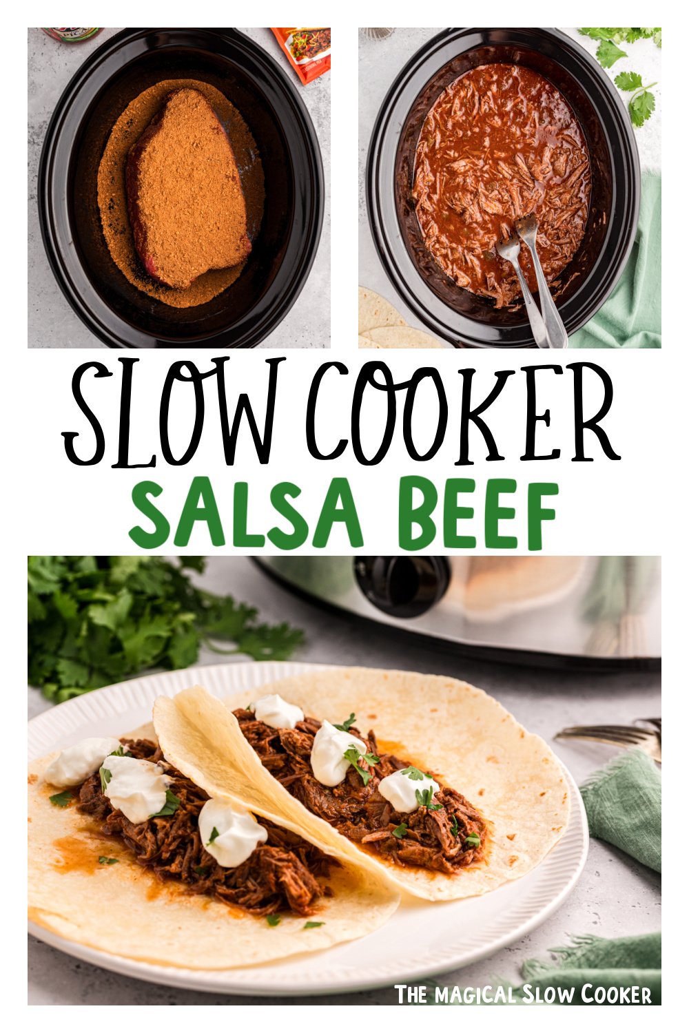 Three images of slow cooker salsa beef for pinterest.