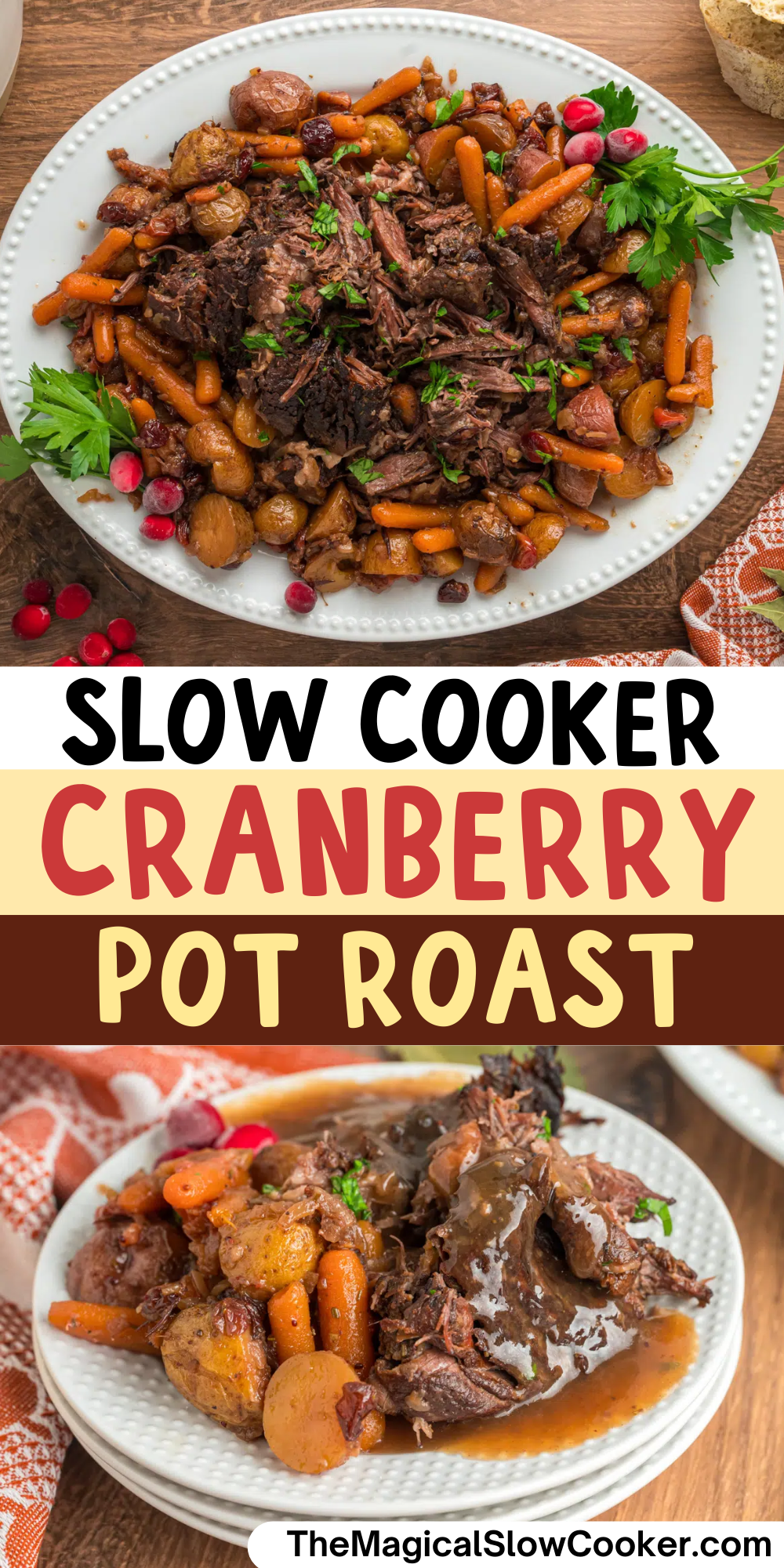 Long images of cranberry pot roast with text.