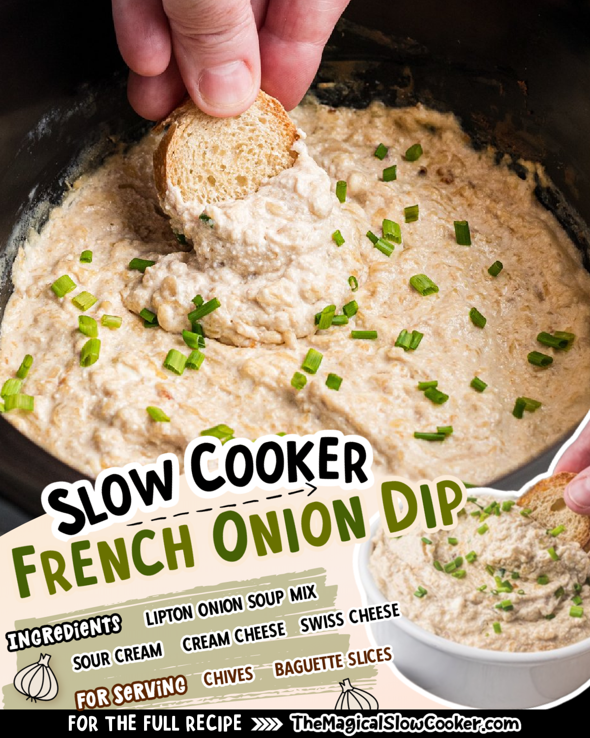 Images of onion dip with text of what the ingredients are.