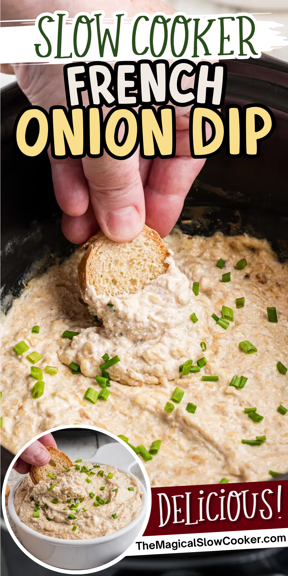 images of onion dip with text overylay