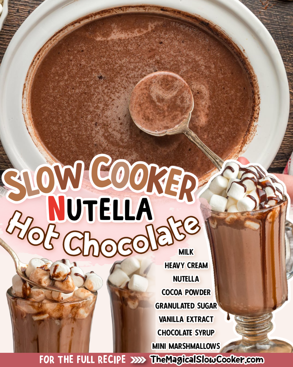 Nutella hot chocolate images with text overlay of what the ingredients are.