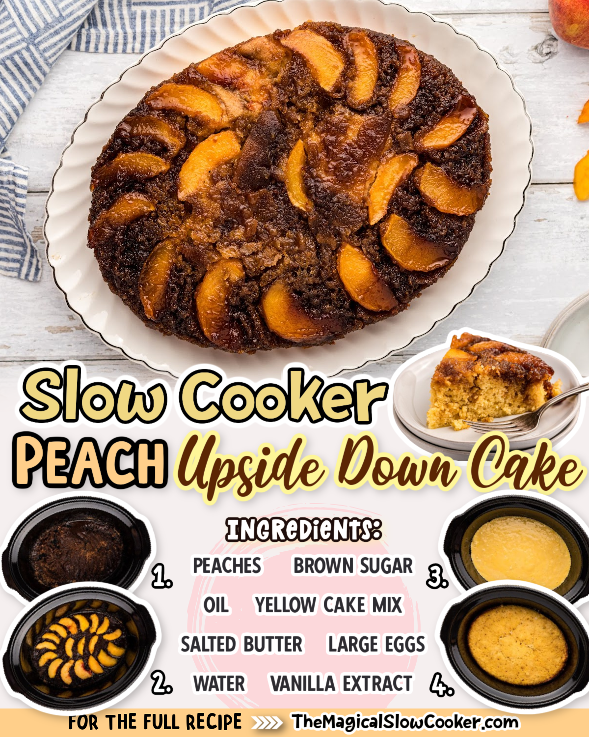 images of peach upside down cake with text of what the ingredients are.