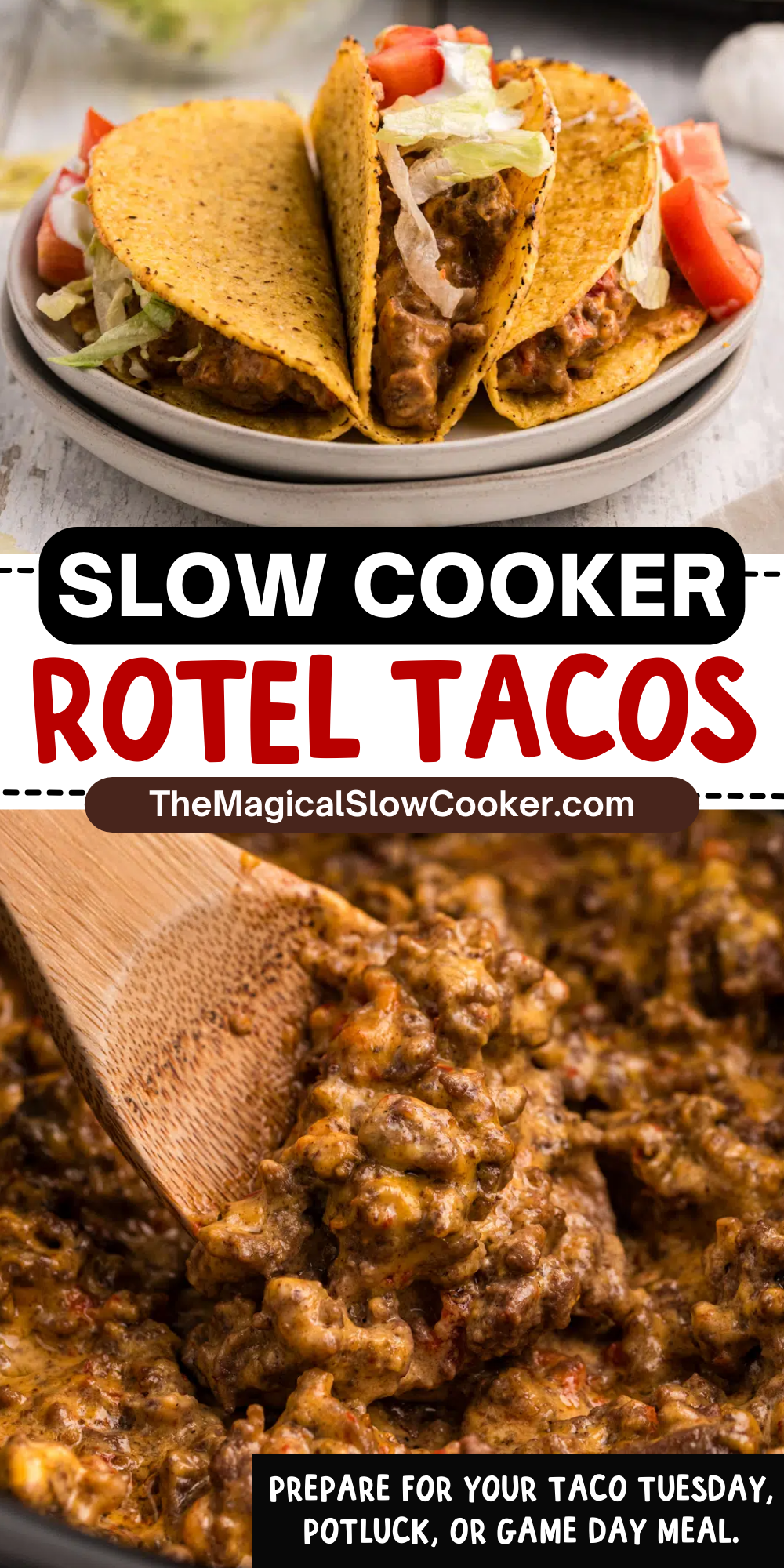 Images of rotel tacos with text for pinterest.